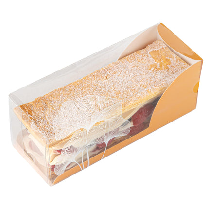 Restaurantware-7 Inch x 2.5 Inch Clear Dessert Boxes, 100 Orange Paper Sleeve Transparent Candy Boxes - Leaf Accent, No Grease Lining, Clear Plastic Clear Favor Boxes, Crack Resistant, Disposable