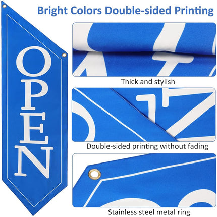 OPEN Flag with Pole Kit - Heavy Duty Canvas Open Banner for Business Storefront, 42x12 Inch Outdoor Double-Sided Sign with Bracket - Advertising Signage for Retail & Shops (White)