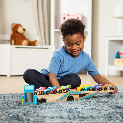 Melissa & Doug Mega Race-Car Carrier | Wooden Vehicles & Trains | Trucks & Vehicles | 7+ | Gift for Boy or Girl