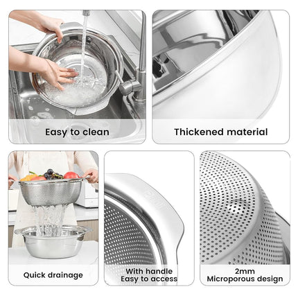 304 Stainless Steel Microporous Colander with Handle, Rice Washers Microporous Strainer Set for Washing Vegetables, Fruits and Rice, and draining Cooked Pasta.