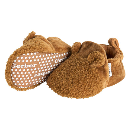 Gerber Baby Fleece Lined Non Skid Soft Slipper Booties, Brown Ears, 3 6_Months Unisex Infant
