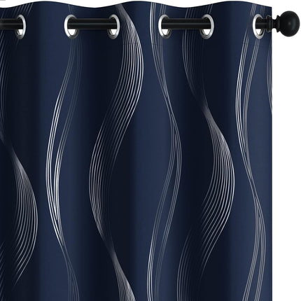 Deconovo Rideaux Occultants à Imprimé Vagues en Aluminium, Rideaux de Fenêtre Isolants Thermiques à Œillets pour Chambre à Coucher, 2 Panneaux, Bleu Marine, 132x274 cm