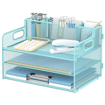 SUPEASY 3 Tier Desk Organizer with Handle & 3 Pen Holders, Mesh Paper/File Organizer for Desk, Paper Letter Tray Organizer for Office Supplies (Light Blue)