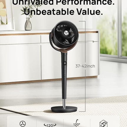 DREO Fan for Bedroom, 120� Oscillating Standing Fan, Quiet Floor Fan with DC Motor, 80ft Pedestal Fan for Room, 8 Speeds, 3 modes, 23dB, 120� Manual Vertical, 35-40" Adjustable Height, 8H Timer, Black