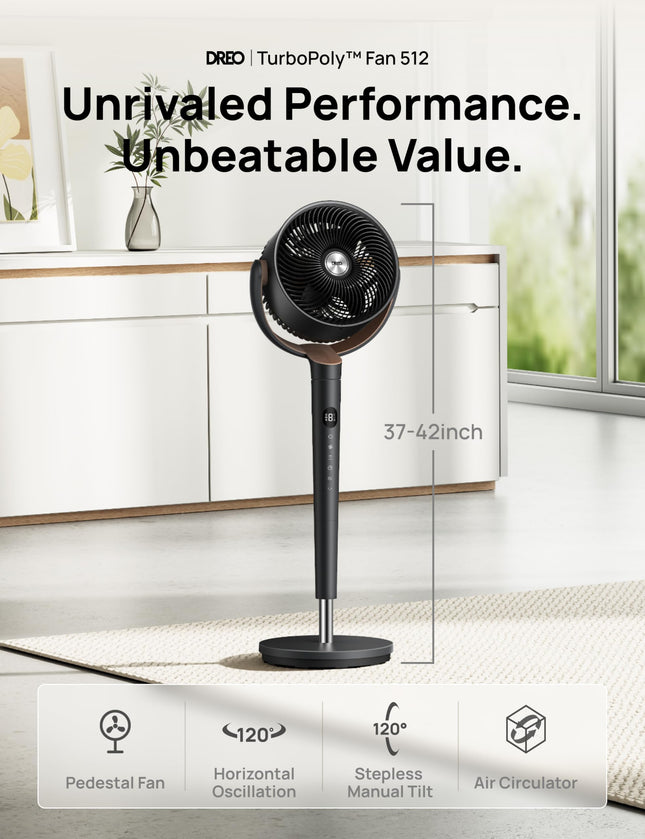 DREO Fan for Bedroom, 120� Oscillating Standing Fan, Quiet Floor Fan with DC Motor, 80ft Pedestal Fan for Room, 8 Speeds, 3 modes, 23dB, 120� Manual Vertical, 35-40" Adjustable Height, 8H Timer, Black
