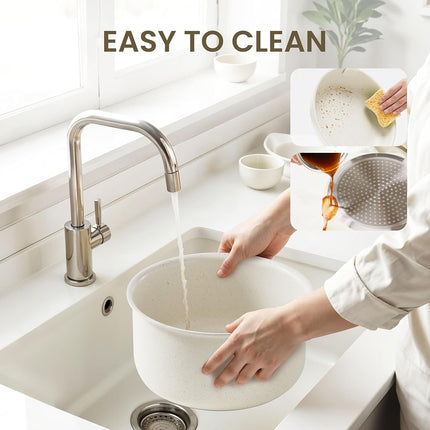 Juego de 12 sartenes y ollas Simple Deluxe, juego de utensilios de cocina antiadherentes, utensilios de cocina de inducción de granito blanco con mango desmontable, apto para horno, libre de PFAS y PFOA, beige