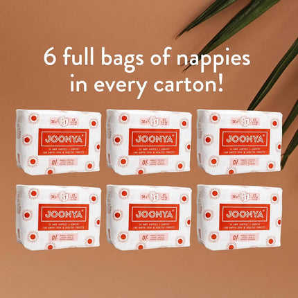 Joonya Baby Nappies, Size 1 XS (2-4 kg) - 6 Bags of 32 (192) - Non Toxic, Eco-Friendly, High Absorbency, Overnight Use, Ultra Slim & Soft - Made in Denmark