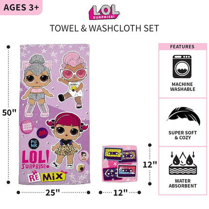 Franco LOL Surprise Kids Bath/Pool/Beach Soft Cotton Terry Towel with Washcloth 2 Piece Set, 50 in x 25 in