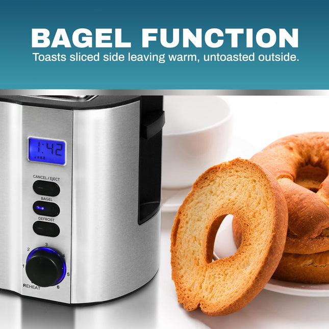 Elite Gourmet ECT4400B# Long Slot 4 Slice Toaster, Countdown Timer, Bagel Function, 6 Toast Setting, Defrost, Cancel Function, Built-in Warming Rack, Extra Wide Slots for Bagel Waffle, Stainless Steel