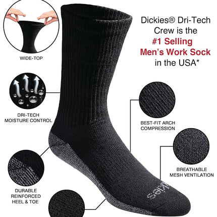 Dickies Men's Dri-Tech Moisture Control Crew Socks, Available in M-XXL (6, 12, 18 Pairs), Comfort Wide-top Black (6 Pairs), L