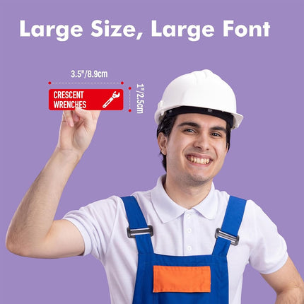 Pack of 90 Magnetic Toolbox Labels, 82 Premade & 8 Empty, Large Tool Box Organiser Labels, Strong Magnetic Force & Easy to Read for All Toolboxes, Drawers (Red)