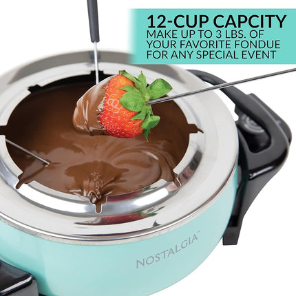 Olla eléctrica para fondue Nostalgia, 12 tazas, máquina de fondue con control de temperatura, 8 tenedores, asas frías al tacto, perfecta para derretir chocolate, queso, caramelo, aguamarina, FPS6AQ