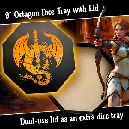 Fantasydice-Chromatic- Dragon Dice Sword - Dice Tray - 8" Octagon with Lid and Dice Staging Area- Holds 5 Sets(7 Dice Set/Standard) for All Tabletop RPGs Like D&D, Call of Cthulhu, Shadowrun.