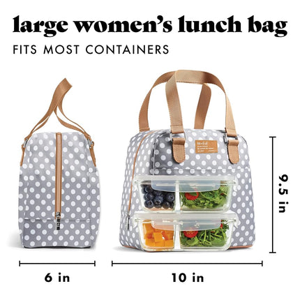 Sac à déjeuner Fit & Fresh pour femmes, sac à déjeuner isotherme pour femmes pour le travail, grande boîte à déjeuner étanche et résistante aux taches pour femmes avec récipients, fermeture éclair Minneola Bag Grey Dot