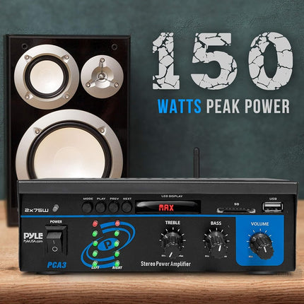 Home Audio Power Amplifier System - 2X75W Mini Dual Channel Sound Stereo Receiver Box w/ LED - For Amplified Speakers, CD Player, Theater via 3.5mm RCA - For Studio, Home Use - PYLE PCA3, Black, One Size