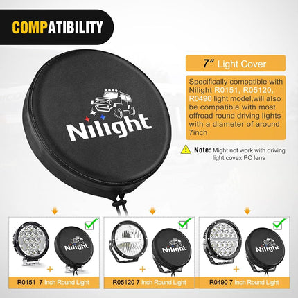 Nilight 7inch Round Offroad Driving Pod Light Cover, 7.25 Inch Diameter Black Leather Protective Cover for Auxiliary Ditch Fog Bumper Headlight on Jeep Truck SUV ATV UTV Tractor
