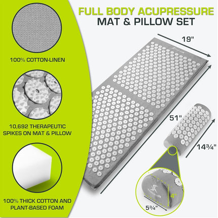 ProsourceFit Acupressure Mat and Pillow Set for Back/Neck Pain Relief and Muscle Relaxation, XL - Grey/White