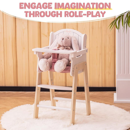 ROBOTIME Wooden Baby Doll High Chair, Pink Wooden Baby Doll Chair for 18 Inch Dolls, Pretend Play High Chair Baby Doll Accessories, Small