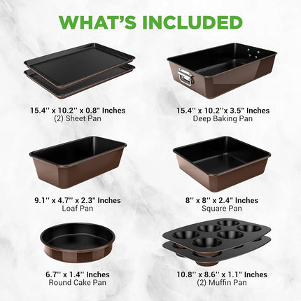 NutriChef 8-Piece Bakeware Set | Stackable Nonstick Carbon Steel Pans – PFOA/PFOS/PTFE-Free, Muffin, Cake & Roasting Pans – 232°C Oven & Dishwasher Safe – Brown