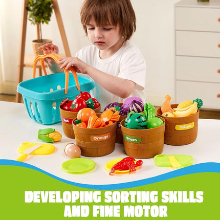 JOYIN 69-Piece Montessori Play Food Set- Cutting Fruits & Vegetables Toys for Toddlers 3-5, Pretend Kitchen with Shopping Basket, Educational Sorting & Counting Games for Daycare. (BPA Free)