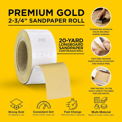 Dura-Gold Premium Gold 400 Grit PSA Longboard Sandpaper, 20 Yard Roll, 2-3/4" Wide, Self Adhesive Stickyback, Woodworking & Automotive Sandpaper Roll, Air File Sand Paper, Auto Sanding Blocks