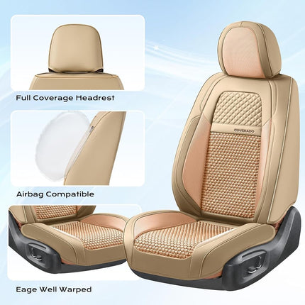 Coverado Car Seat Covers Front Seats, Waterproof Front Seat Covers Nappa Leather Seat Covers for Cars, Breathable Summer Car Seat Cushion Universal Fit for Most Cars SUV Trucks(Front, Beige)