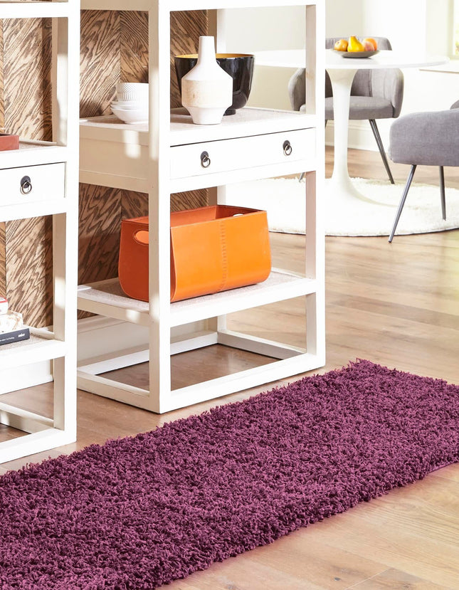 Unique Loom Solo Solid Shag Collection Modern Plush Eggplant Purple Runner (3' x 10')