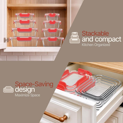Red Borosilicate Glass Food Storage Containers with Lids 24 Pieces, Food-grade, BPA-Free Stackable Glass Lunch & Leftover Containers, Microwave, Freezer & Dishwasher Safe, Airtight Leak-Proof