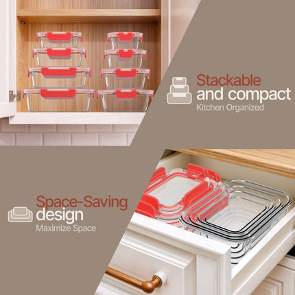 Red Borosilicate Glass Food Storage Containers with Lids 16 Pieces, Food-grade, BPA-Free Stackable Glass Lunch & Leftover Containers, Microwave, Freezer & Dishwasher Safe, Airtight Leak-Proof