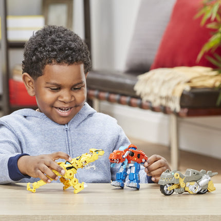 Transformers Playskool Primal Team-Up Pack de 3 con figuras convertibles de dinosaurios Optimus Prime, Bumblebee y Grimlock, juguetes de 11,4 cm, para niños de 3 años en adelante (Exclusivo de Amazon)