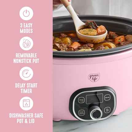 GreenLife Cook Duo Healthy Ceramic Nonstick 6QT Slow Cooker, PFAS-Free, Digital Timer, Dishwasher Safe Parts, Soft Pink