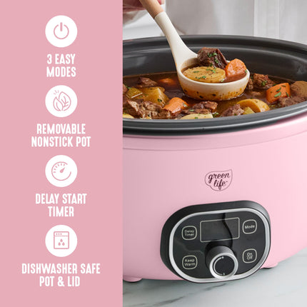 Olla de cocción lenta GreenLife Cook Duo saludable de cerámica antiadherente de 6 cuartos, sin PFAS, temporizador digital, piezas aptas para lavavajillas, rosa suave