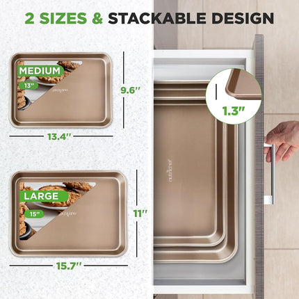NutriChef 2-Piece Premium Nonstick Cookie Sheets for Baking - Slick Carbon Steel Baking Sheet Set w/ Raised Edges for Roasting, Baking, & More - 15" x 11" & 13" x 9" - PTFE, PFOA, PFOS Free