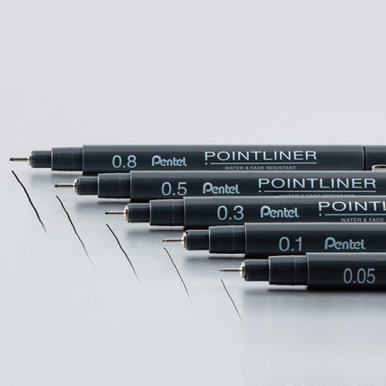 Bolígrafo de dibujo Pentel Arts Pointliner, paquete de 5, tamaños surtidos, tinta negra (S20PBP5A)