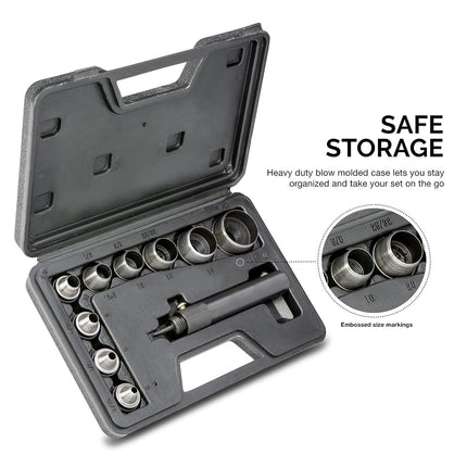 NEIKO 02614A Interchangeable Large Hollow Hole Punch Tool Set, 10 Piece, Gasket Maker, Heavy Duty Gasket Punch Set, Includes Hole Puncher Tool Carrying Case, Leather Punch Set, Black