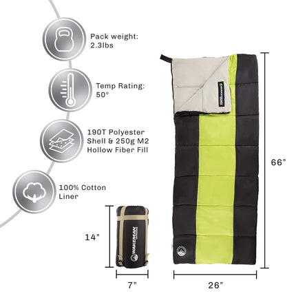 Wakeman Outdoors Kids Sleeping Bag-Lightweight, Carrying Bag with Compression Straps-for Camping, Backpacking, and Sleepovers (Neon Green/Black)