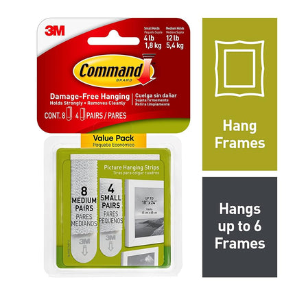 Command Picture Hanging Strips Value Pack, 12 Pairs: 8-Medium, 4-Small Pairs, Decorate Damage-Free