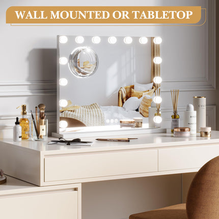 GAOMON 2024 New Vanity Mirror with Lights, Elegant Lighted Vanity Mirror, 15 LED Bulbs, 3 Light Settings, 3X Zoom Mirror - Detachable, Tabletop Design with Metal Frame, White (23" x 18")