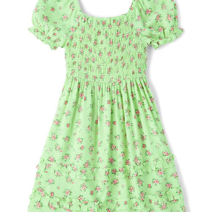 The Children's Place Girls' Short Sleeve Smocked Summer Dresses, Green Floral, X-Small