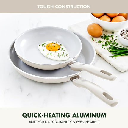 GreenPan Dover Juego de 2 sartenes de 8 y 10 pulgadas, revestimiento cerámico antiadherente no tóxico sin PFAS, para sellar, saltear, freír huevos, tortilla, aptas para lavavajillas y horno, mango frío al tacto, bordes fáciles de verter, blanco crema
