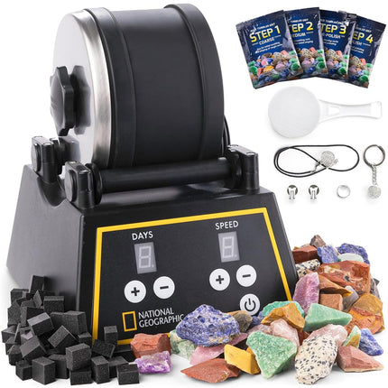National Geographic Professional Rock Tumbler Kit- Advanced Features Include Shutoff Timer and Speed Control - 907 Gram Barrel, 453 Grams of Gemstones, 4 Polishing Grits, GemFoam, Jewelry Fastenings