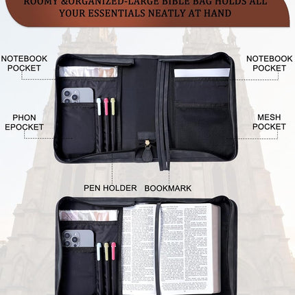 Vegan Leather Bible Cover for Men & Women, Bible Case with Gift Box, Christian Catholic Religious Bible Gifts (Black)