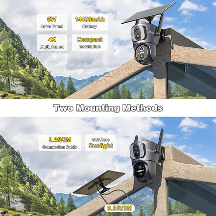 Xega 4G【Dual Lens】 Security Camera Outdoor with SIM Card, 14400mAh Solar Powered Wireless No WiFi Security Camera, 2K HD PTZ CCTV with Human Detection Spotlight Siren Alert TF Cloud Storage IP66