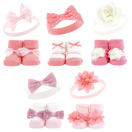 Hudson Baby Girl's Headband and Socks Giftset, Pink Gray, One Size
