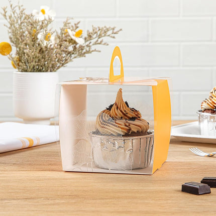 Restaurantware-4 Inch x 4.25 Inch Individual Cupcake Boxes, 100 Disposable Cupcake Display Boxes - with Handle, Leaf Accent, Clear Plastic Single Cupcake Containers, for Weddings Or Birthdays