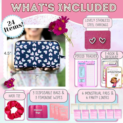 First Period Pal Pack to-Go Kit | 26 pcs | First Period Kit for Girls 9-12 | Period Bags for Teen Girls for School | Discrete Period Bag, Pads, Panty Liners, Period Kits for Girls 10-12 - Hearts