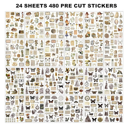 Auguro Vintage Ephemera Sticker 24 Sheets 480 precut washi Stickers Paper Journal Stickers for Adults Junk Journal Sticker Book Scrapbooking Supplies