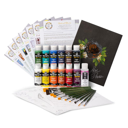 FolkArt Birds & Blossoms 2 oz One Stroke Acrylic Kit, 32 Piece Set Including 12 Multi-Surface Paints, 10 Brushes, 6 Teaching Guides, 3 Pattern Sheets & 1 2 fl oz Floating Medium
