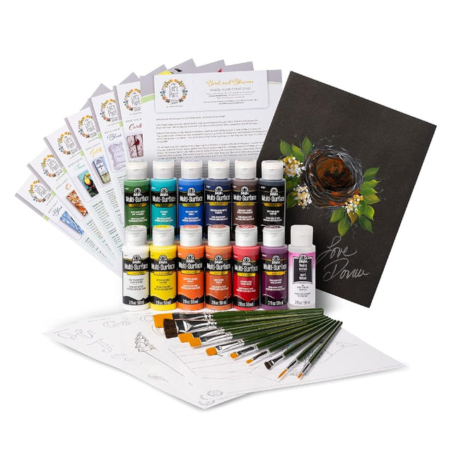 FolkArt Birds & Blossoms 2 oz One Stroke Acrylic Kit, 32 Piece Set Including 12 Multi-Surface Paints, 10 Brushes, 6 Teaching Guides, 3 Pattern Sheets & 1 2 fl oz Floating Medium