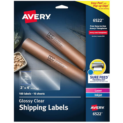 Étiquettes d'adresse transparentes Avery pour imprimantes laser et jet d'encre, 50,8 x 101,6 mm, 100 étiquettes, 5 paquets (6522)